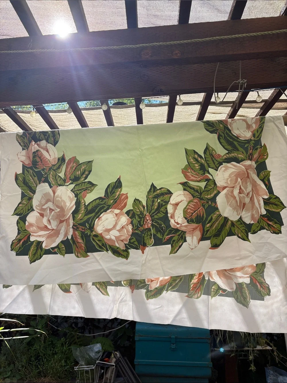 Vintage 1940’s Floral Gardenia Tablecloth - Green and Pink BB